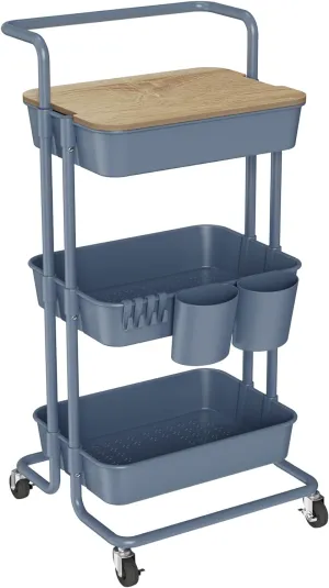 DTK 3 Tier Utility Cart with Cover Board, Rolling Cart with Lockable Wheels, Cups, Hooks for Home Office, Art Craft Storage, Home School Organization and More Uses(Blue)