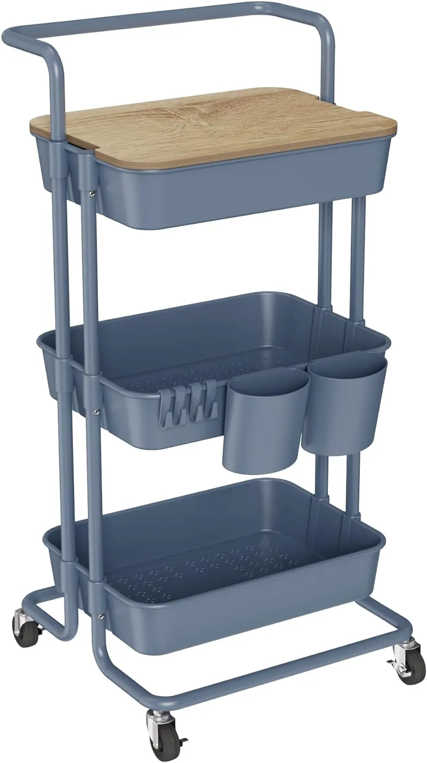 DTK 3 Tier Utility Cart with Cover Board, Rolling Cart with Lockable Wheels, Cups, Hooks for Home Office, Art Craft Storage, Home School Organization and More Uses(Blue)
