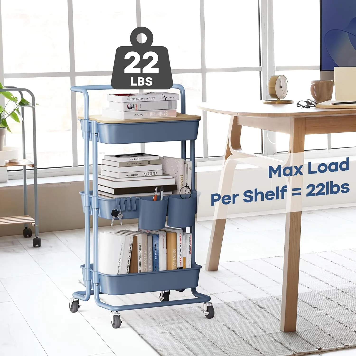 DTK 3 Tier Utility Cart with Cover Board, Rolling Cart with Lockable Wheels, Cups, Hooks for Home Office, Art Craft Storage, Home School Organization and More Uses(Blue)