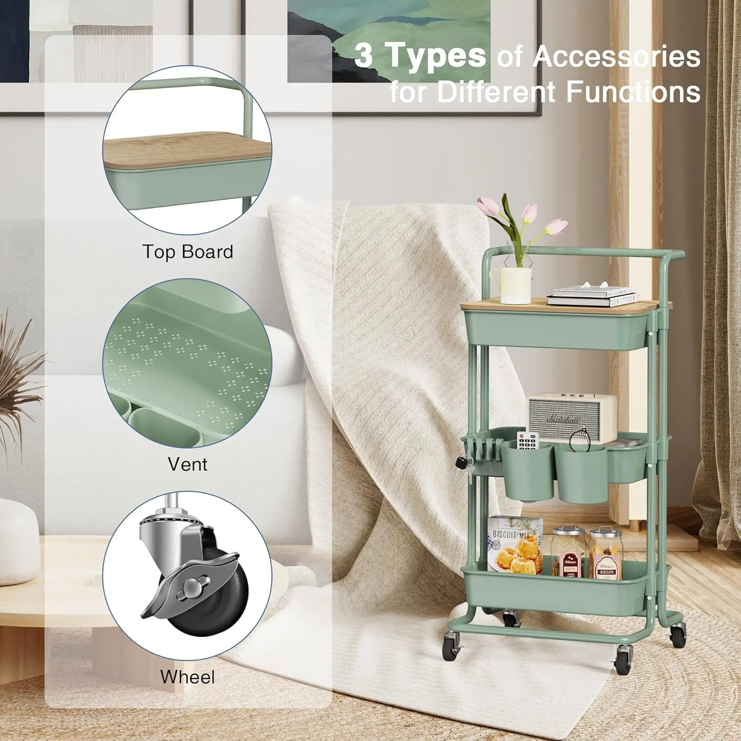 DTK 3 Tier Utility Rolling Cart with Cover Board, Rolling Storage Cart, H&le & Locking Wheels Kitchen Cart with 2 Small Baskets & 4 Hooks for Bathroom Office Balcony Living Room(Turquoise)Large