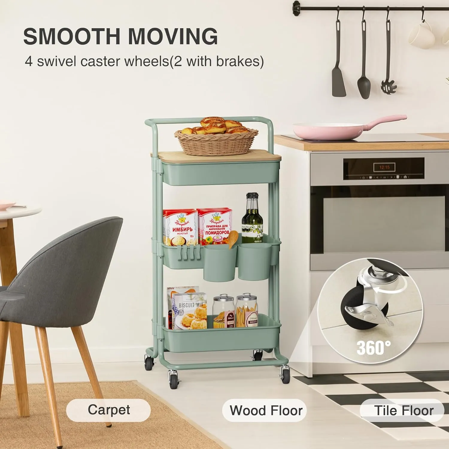 DTK 3 Tier Utility Rolling Cart with Cover Board, Rolling Storage Cart, H&le & Locking Wheels Kitchen Cart with 2 Small Baskets & 4 Hooks for Bathroom Office Balcony Living Room(Turquoise)Large