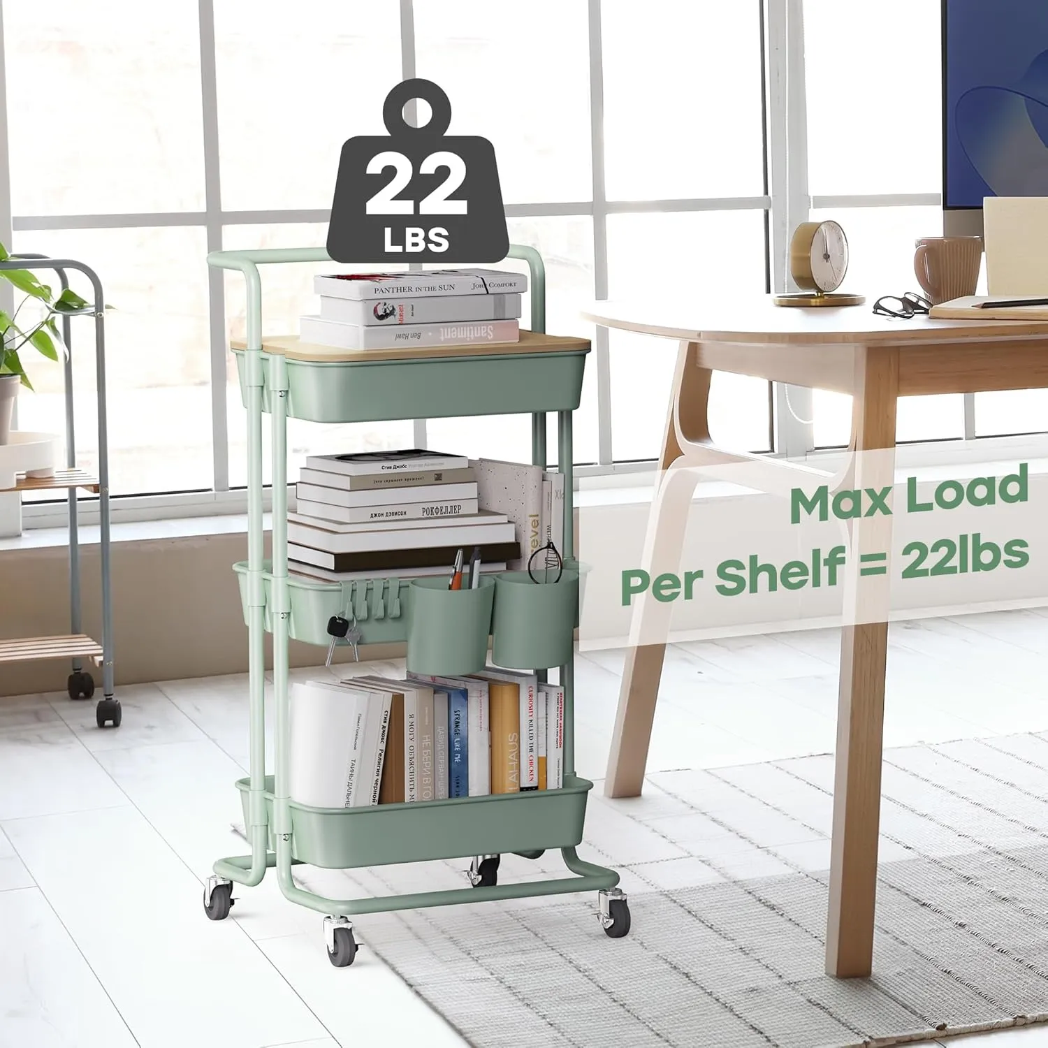 DTK 3 Tier Utility Rolling Cart with Cover Board, Rolling Storage Cart, H&le & Locking Wheels Kitchen Cart with 2 Small Baskets & 4 Hooks for Bathroom Office Balcony Living Room(Turquoise)Large