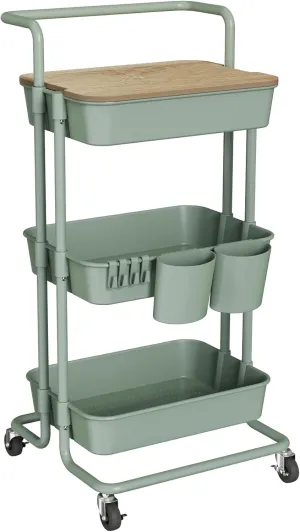 DTK 3 Tier Utility Rolling Cart with Cover Board, Rolling Storage Cart, H&le & Locking Wheels Kitchen Cart with 2 Small Baskets & 4 Hooks for Bathroom Office Balcony Living Room(Turquoise)Large