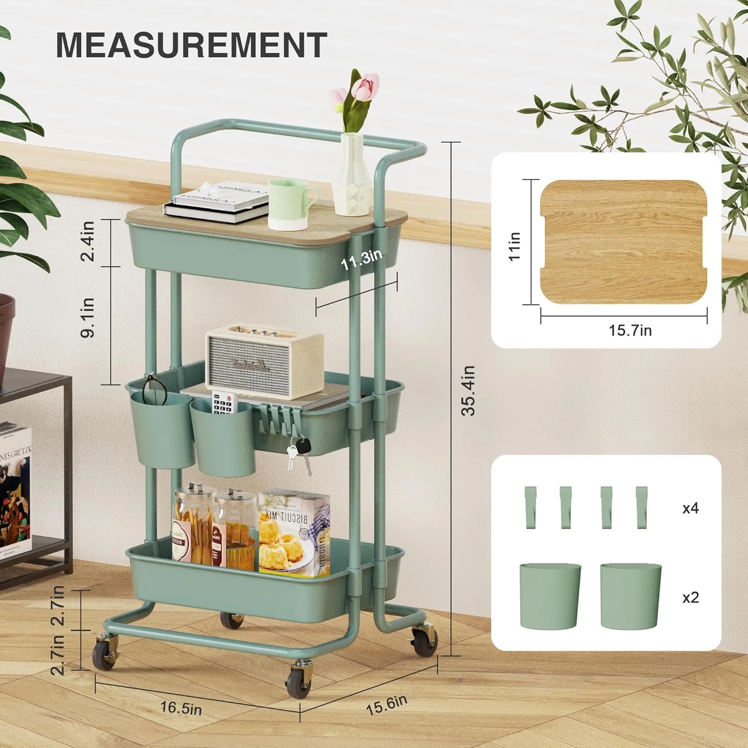 DTK 3 Tier Utility Rolling Cart with Cover Board, Rolling Storage Cart, H&le & Locking Wheels Kitchen Cart with 2 Small Baskets & 4 Hooks for Bathroom Office Balcony Living Room(Turquoise)Large