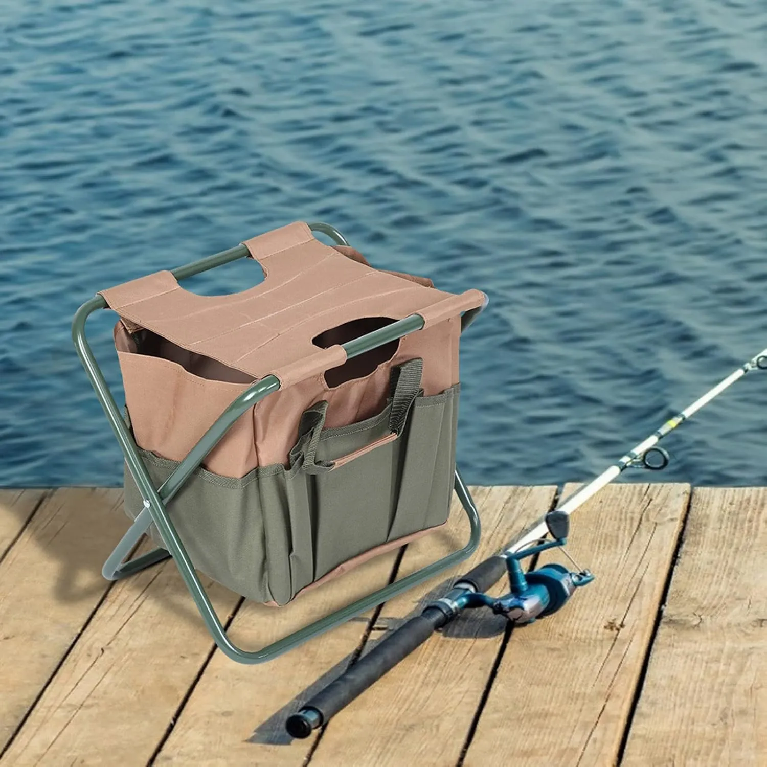 Dual Purpose Folding Stool with 7 Pockets Storage Tool, Ideal for Gardening Camping Fishing Beach, Steel Frame 600D Oxford Cloth, Spacious Main Storage Area, to and Carry (Khaki)