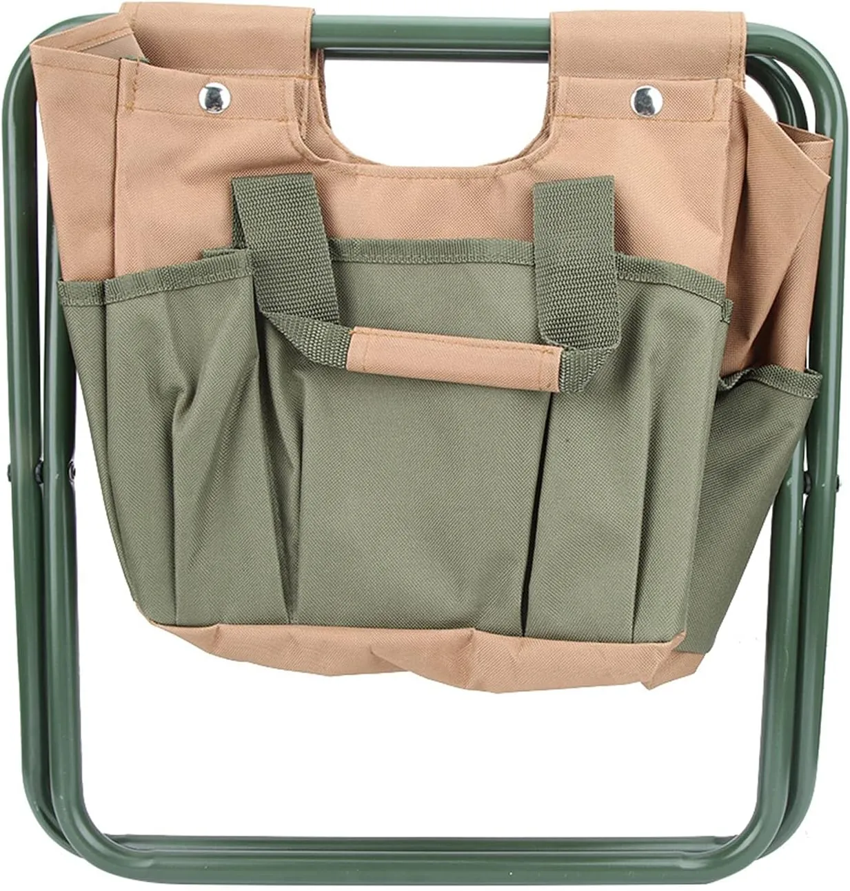 Dual Purpose Folding Stool with 7 Pockets Storage Tool, Ideal for Gardening Camping Fishing Beach, Steel Frame 600D Oxford Cloth, Spacious Main Storage Area, to and Carry (Khaki)