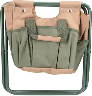 Dual Purpose Folding Stool with 7 Pockets Storage Tool, Ideal for Gardening Camping Fishing Beach, Steel Frame 600D Oxford Cloth, Spacious Main Storage Area, to and Carry (Khaki)