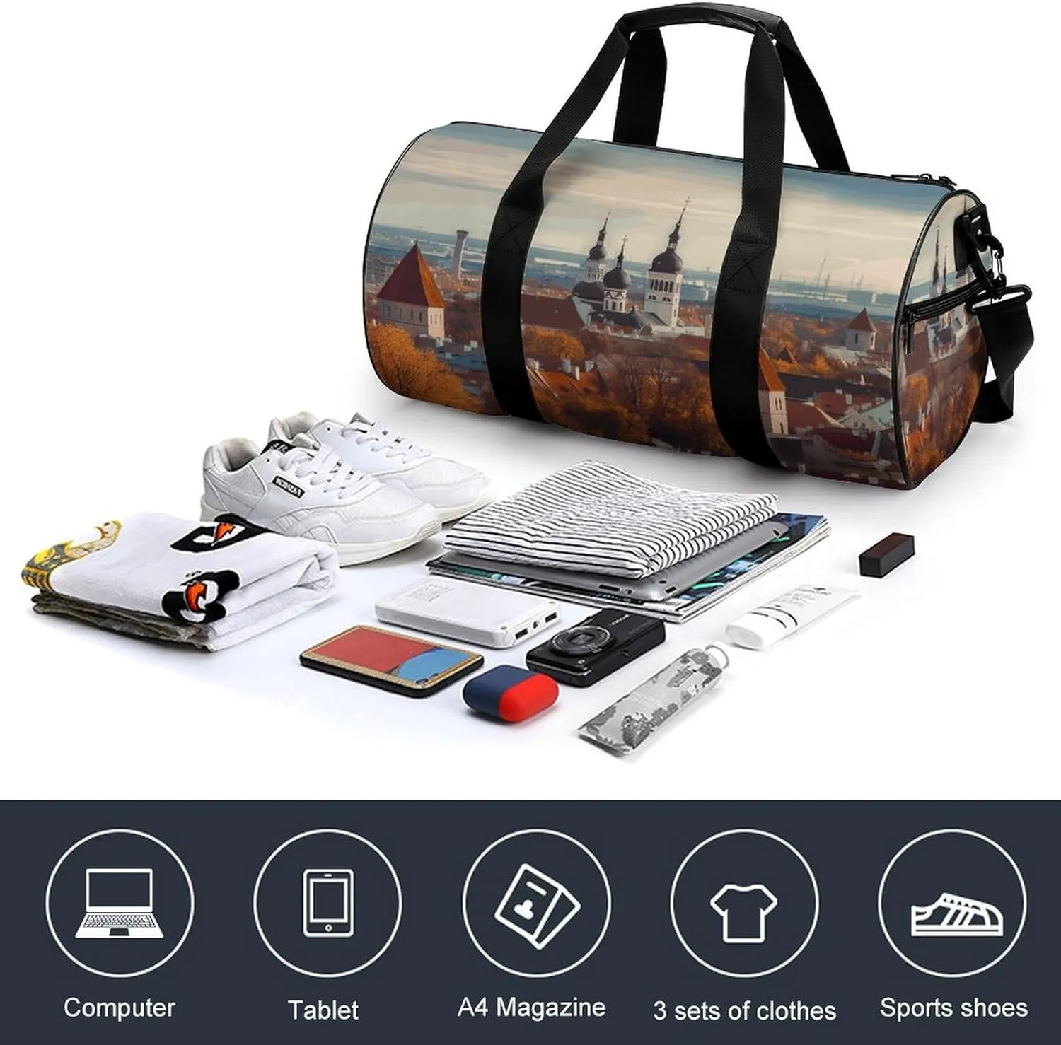Duffel Bag for Men Women Gym Bag Tallinn Estonia Cityscape Travel Duffel Bag Waterproof Overnight Bag for Sports Workout