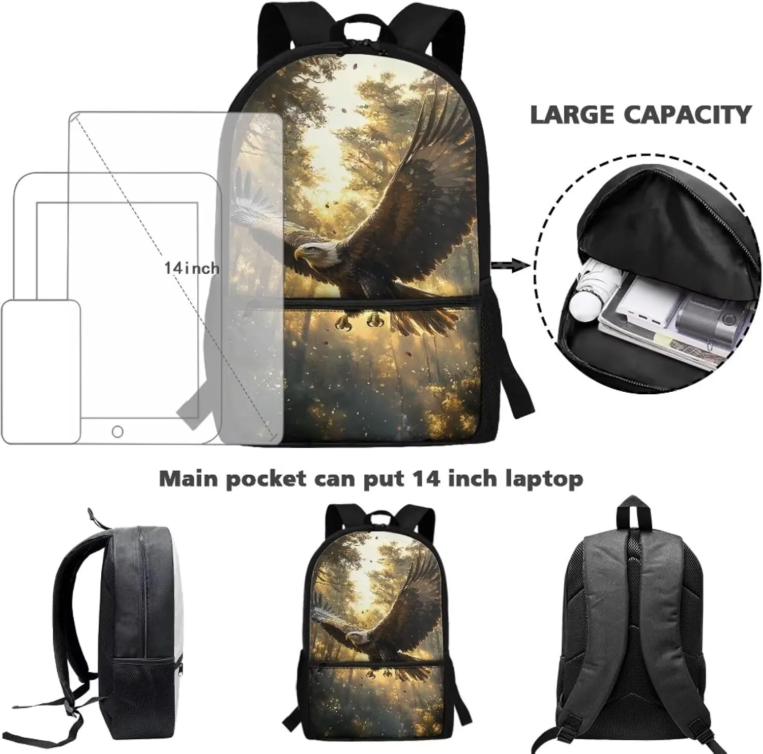 Eagle Boys Middle School Backpack Jungle Daycare Bags Daylight Design Schoolbag for Boys Primary School Classic Students Book Bag for Traveling