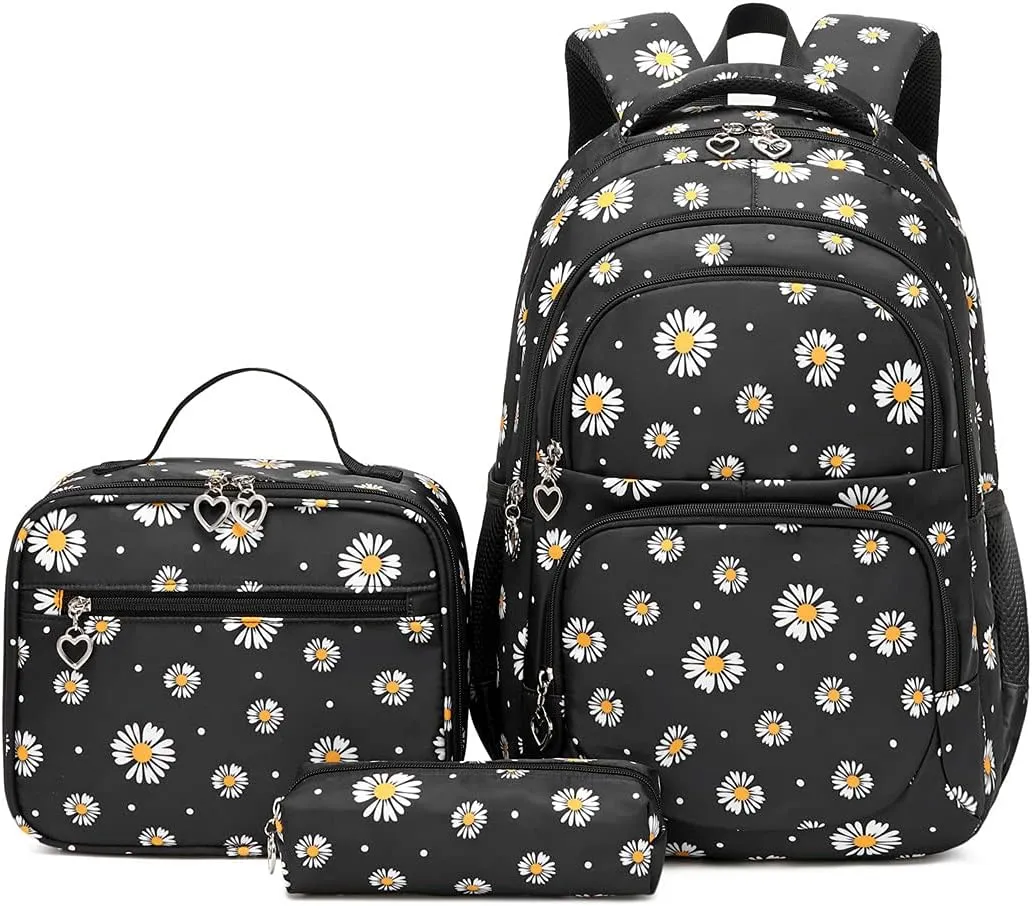 EKUIZAI 3Pcs Daisy Prints Backpack for Girls Bookbag set Primary School Daypack Elementary Students Knapsack with Lunch Box