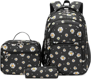 EKUIZAI 3Pcs Daisy Prints Backpack for Girls Bookbag set Primary School Daypack Elementary Students Knapsack with Lunch Box