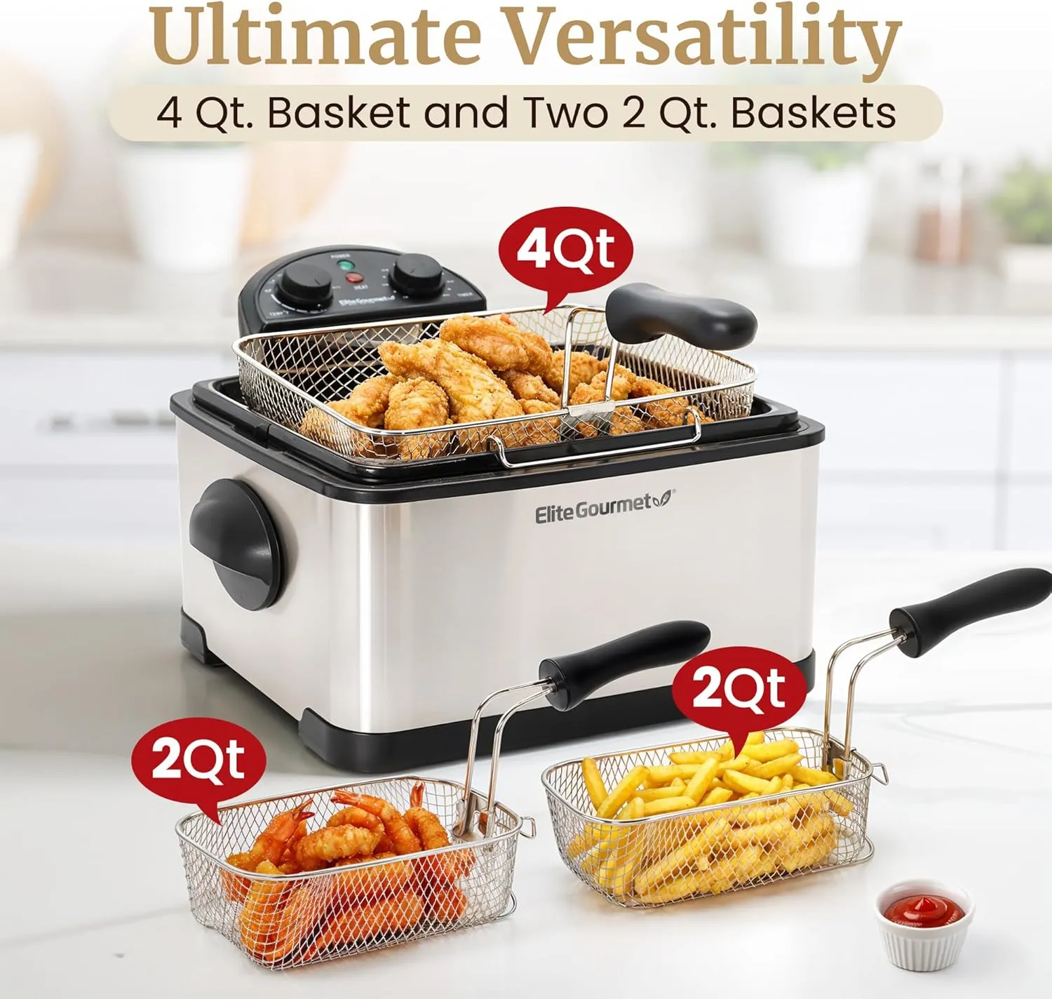 Elite Gourmet EDF-401TX 1700-Watt Triple Basket Electric Deep Fryer with Timer and Temperature Knobs and Odor Free Filter, 4.2L, 18-Cup, Black
