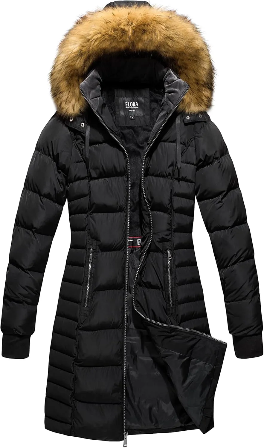 ELORA Women's Winter Parka Vegan-Down Puffer Mid- Length Coat Faux Fur Trim Removable Hood
