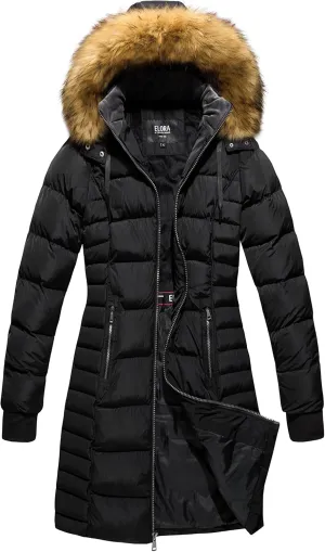 ELORA Women's Winter Parka Vegan-Down Puffer Mid- Length Coat Faux Fur Trim Removable Hood