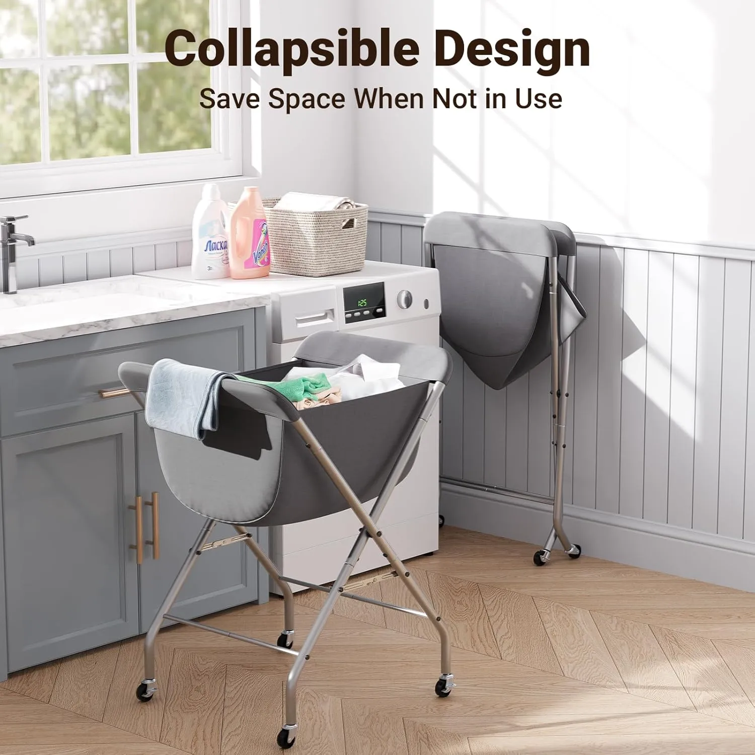 ELYKEN Laundry Cart with Wheels, 33”H Easy Rolling Laundry Hamper with Removable Liner Bag, Sturdy Metal Frame Clothes Basket with 4 Casters and 2 Brakes