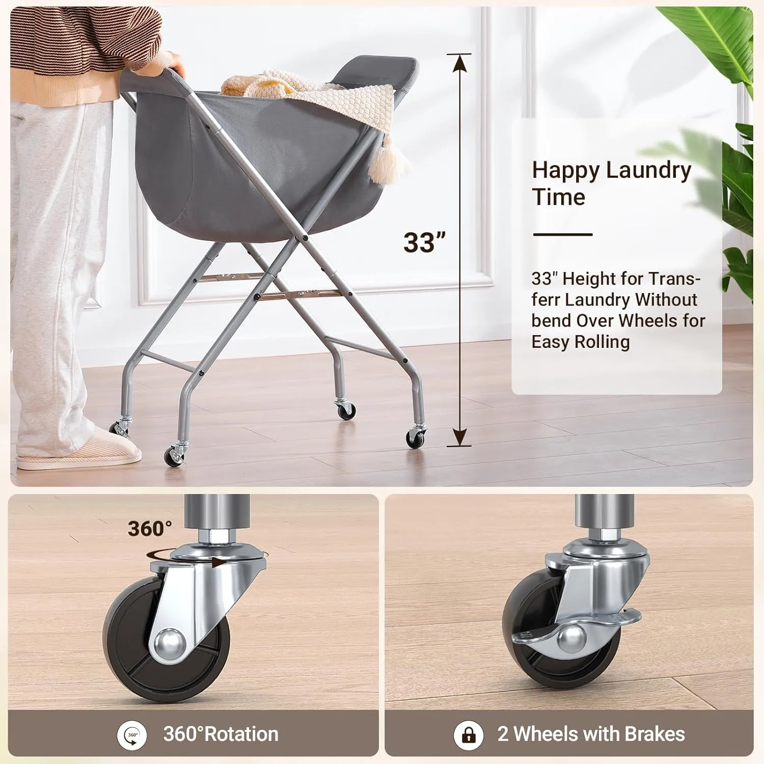 ELYKEN Laundry Cart with Wheels, 33”H Easy Rolling Laundry Hamper with Removable Liner Bag, Sturdy Metal Frame Clothes Basket with 4 Casters and 2 Brakes