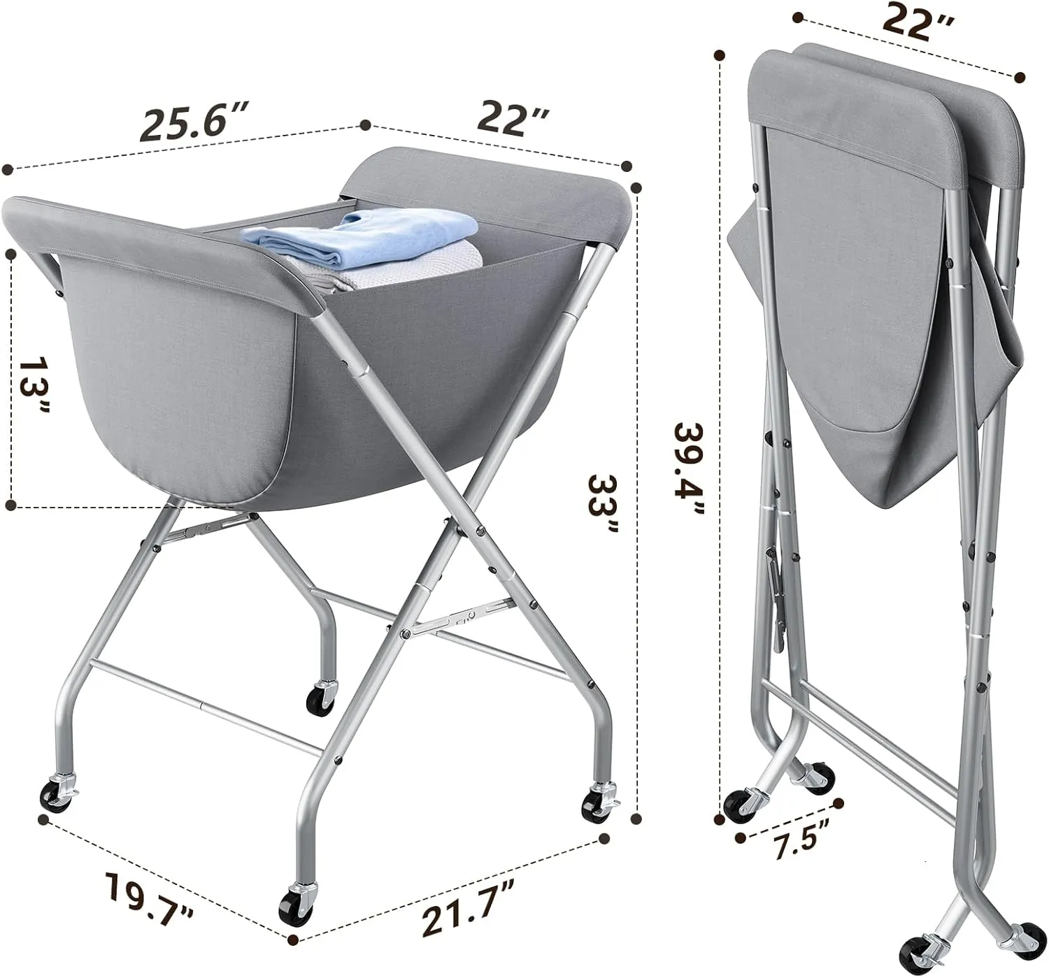 ELYKEN Laundry Cart with Wheels, 33”H Easy Rolling Laundry Hamper with Removable Liner Bag, Sturdy Metal Frame Clothes Basket with 4 Casters and 2 Brakes