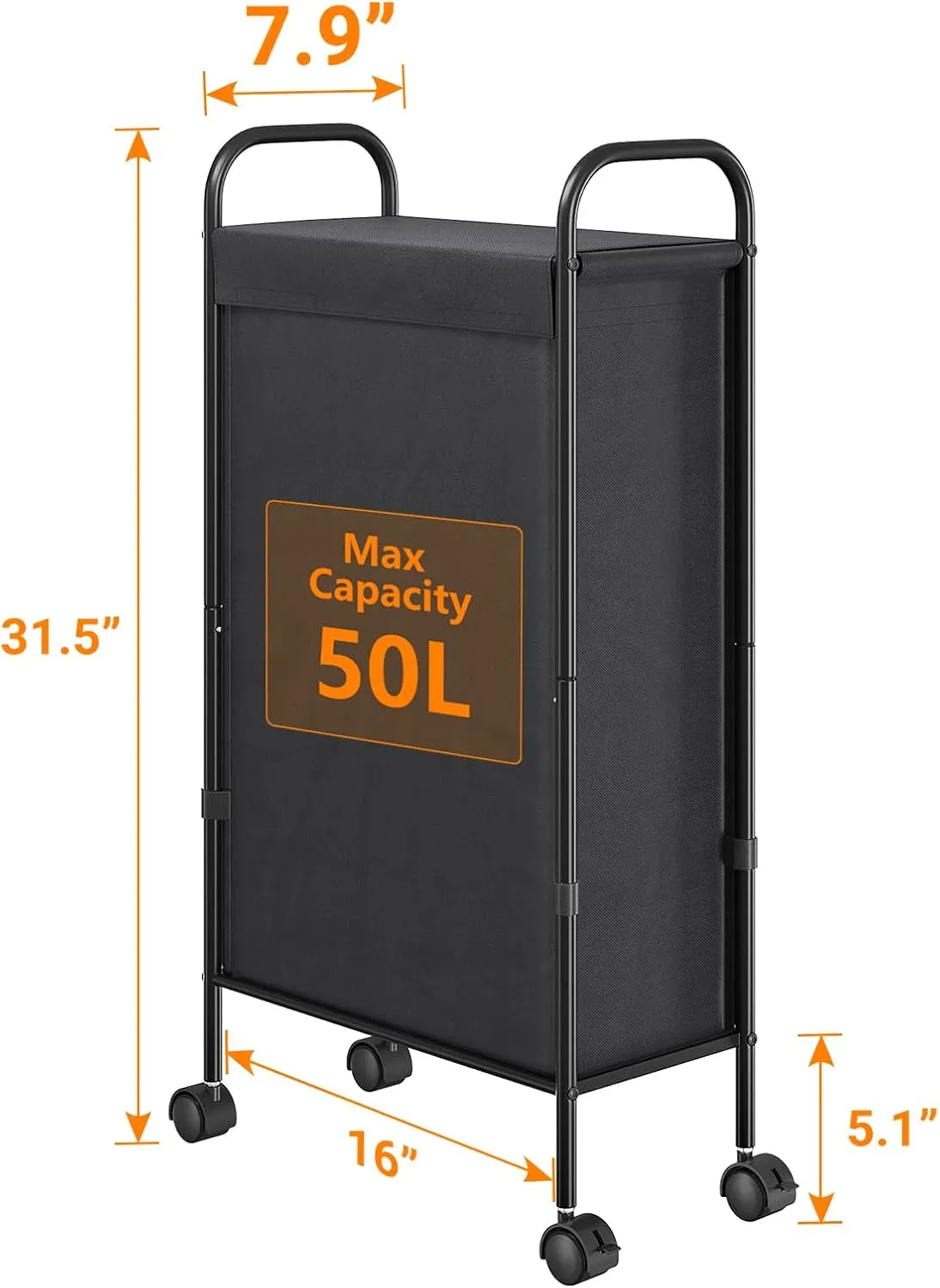 ELYKEN Slim Laundry Hamper with Lid, 50L Small Rolling Laundry Basket on Wheels, 7.9” Narrow Dirty Cloth Cart with Removable Inner Bag for Small Bathroom, Bedroom, Black