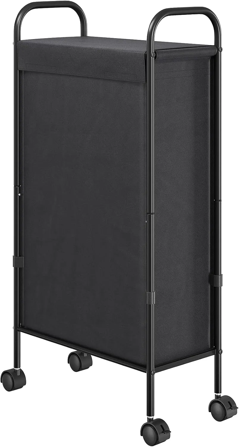 ELYKEN Slim Laundry Hamper with Lid, 50L Small Rolling Laundry Basket on Wheels, 7.9” Narrow Dirty Cloth Cart with Removable Inner Bag for Small Bathroom, Bedroom, Black