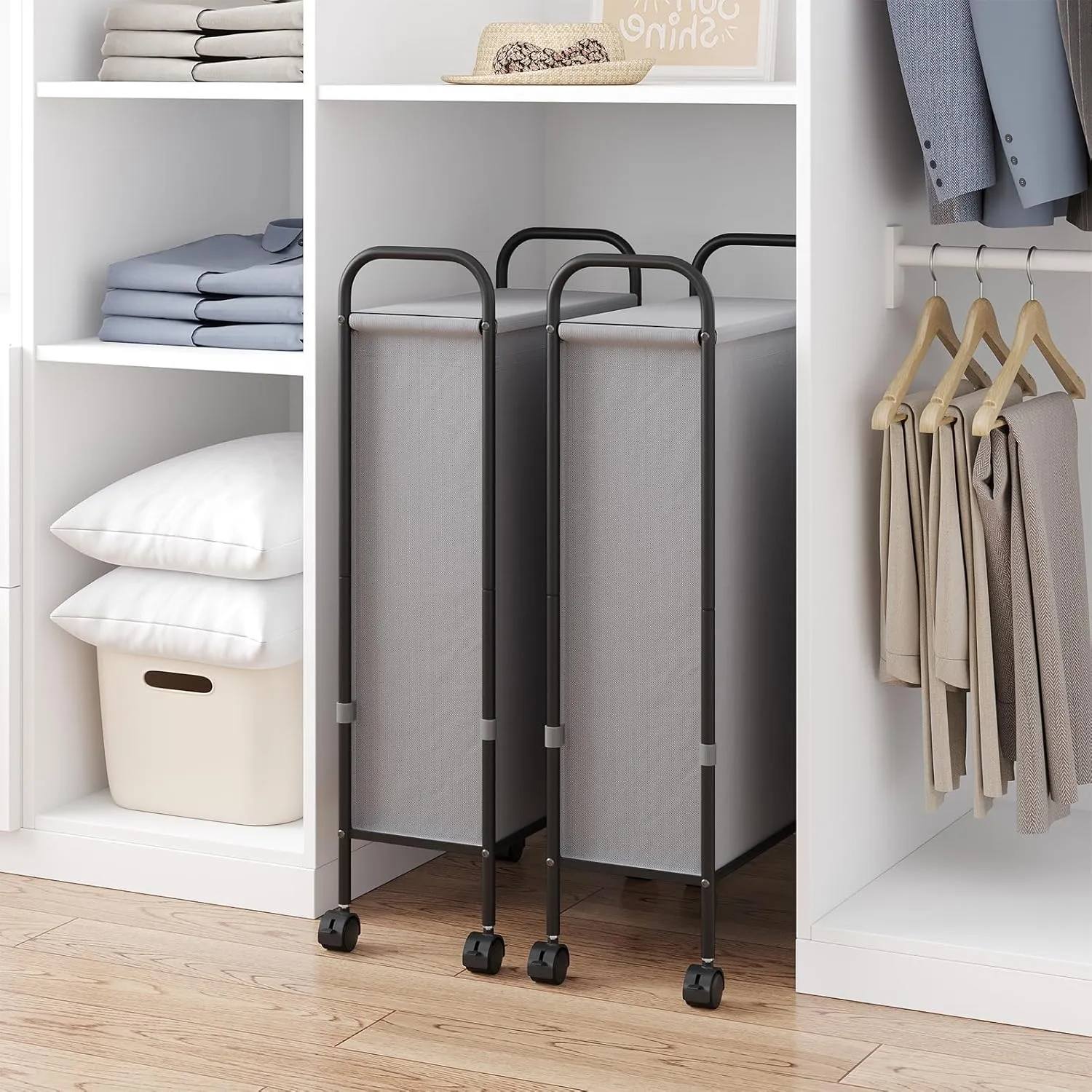 ELYKEN Slim Laundry Hamper with Lid, 50L Small Rolling Laundry Basket on Wheels, 7.9” Narrow Dirty Cloth Cart with Removable Inner Bag for Small Bathroom, Bedroom, Grey