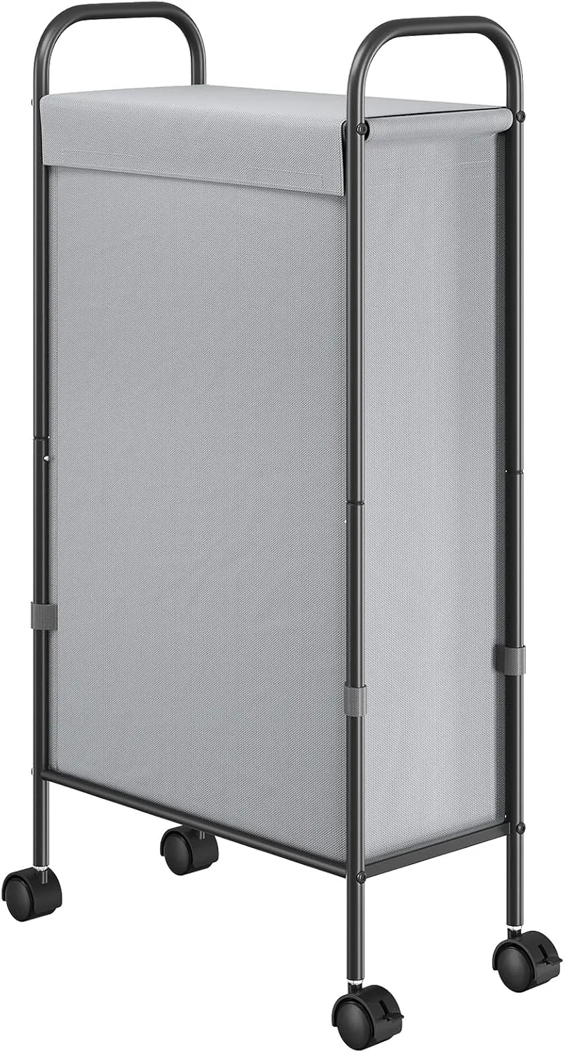 ELYKEN Slim Laundry Hamper with Lid, 50L Small Rolling Laundry Basket on Wheels, 7.9” Narrow Dirty Cloth Cart with Removable Inner Bag for Small Bathroom, Bedroom, Grey