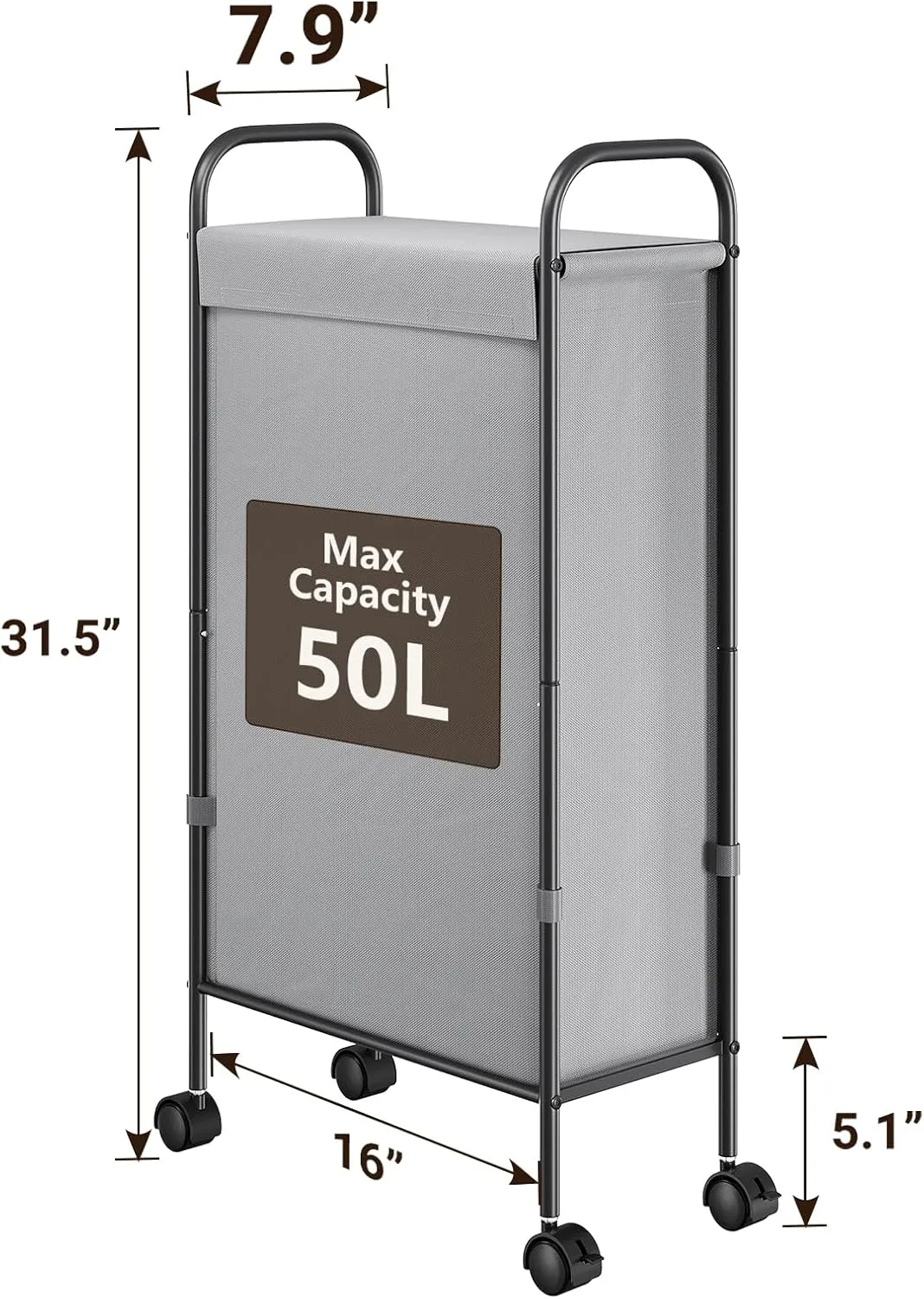 ELYKEN Slim Laundry Hamper with Lid, 50L Small Rolling Laundry Basket on Wheels, 7.9” Narrow Dirty Cloth Cart with Removable Inner Bag for Small Bathroom, Bedroom, Grey