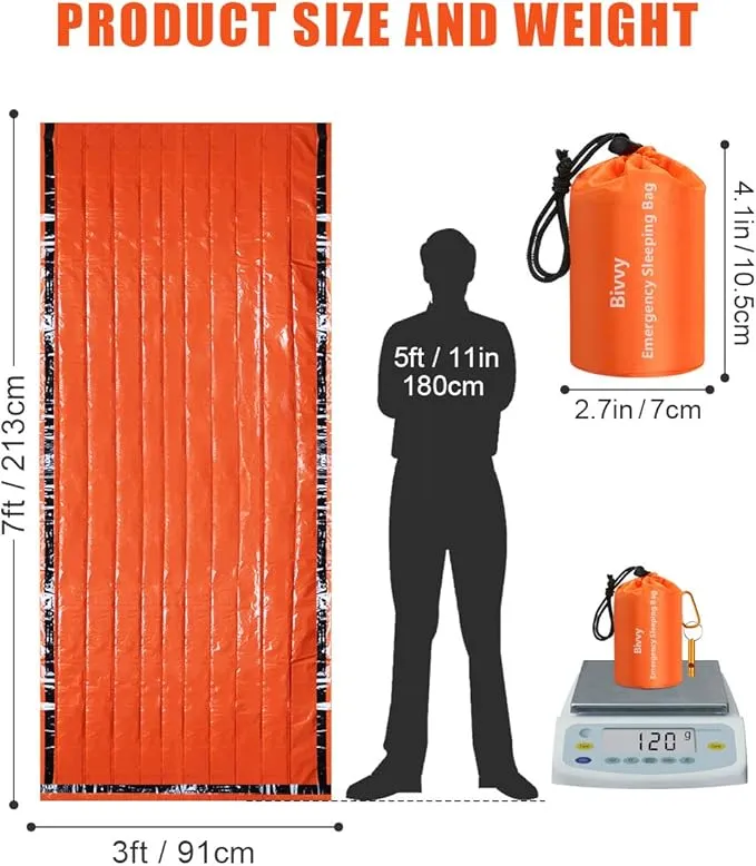 Emergency Sleeping Bags Thermal-Emergency-Blankets Ultralight Space Blankets Survival Waterproof Bivy Sack Multi-Purpose Survival Gear for Hiking, Camping, First Aid Kits, Outdoor Survival Gear