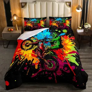 Erosebridal Motocross Bedding Sets for Boys Queen Size Motorcycle Racer Comforter Set Extreme Sport Tie Dye Down Comforter Dirt Bike Motor Vehicles Biker Duvet Insert 3Pcs for Kids Car Game Room Decor