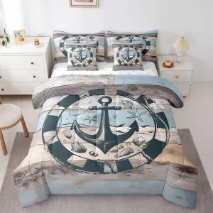 Erosebridal Nautical Bed in A Bag Full,Vintage Anchor Comforter Set for Kids Boys Girls,Grunge Wooden Barn Bedding Sets,Coastal Ocean Creature Quilt with Flat Fitted Sheet,Pillow Covers,7 Pcs