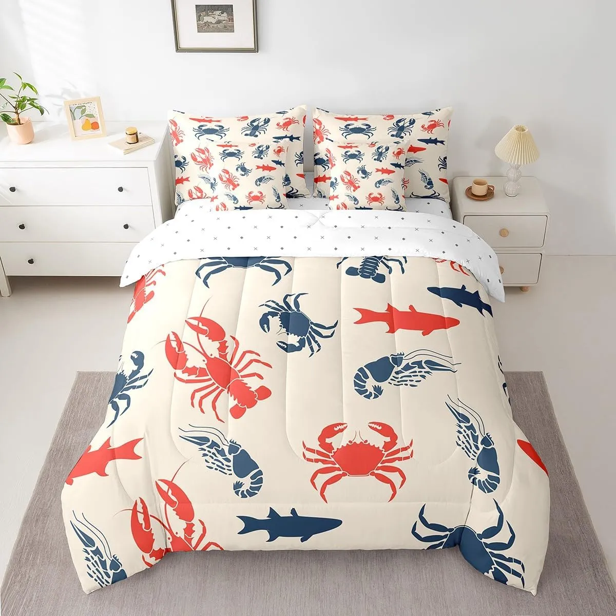 Erosebridal Sea Animal 7 Pcs Comforter Set Twin Crab Lobster Bedding for Teens Boys Shark Fish Prawn Retro Background Sheet Set Bed in A Bag Blue Red Ocean Life Bedroom Decor Duvet Insert