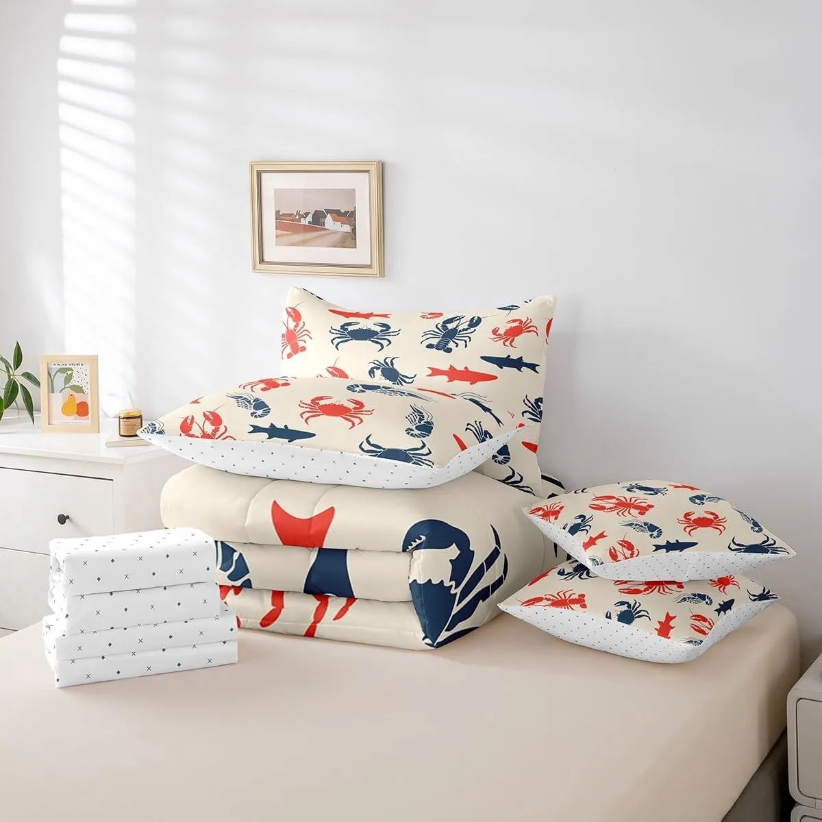 Erosebridal Sea Animal 7 Pcs Comforter Set Twin Crab Lobster Bedding for Teens Boys Shark Fish Prawn Retro Background Sheet Set Bed in A Bag Blue Red Ocean Life Bedroom Decor Duvet Insert