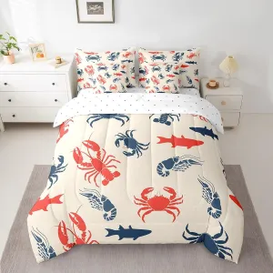 Erosebridal Sea Animal 7 Pcs Comforter Set Twin Crab Lobster Bedding for Teens Boys Shark Fish Prawn Retro Background Sheet Set Bed in A Bag Blue Red Ocean Life Bedroom Decor Duvet Insert