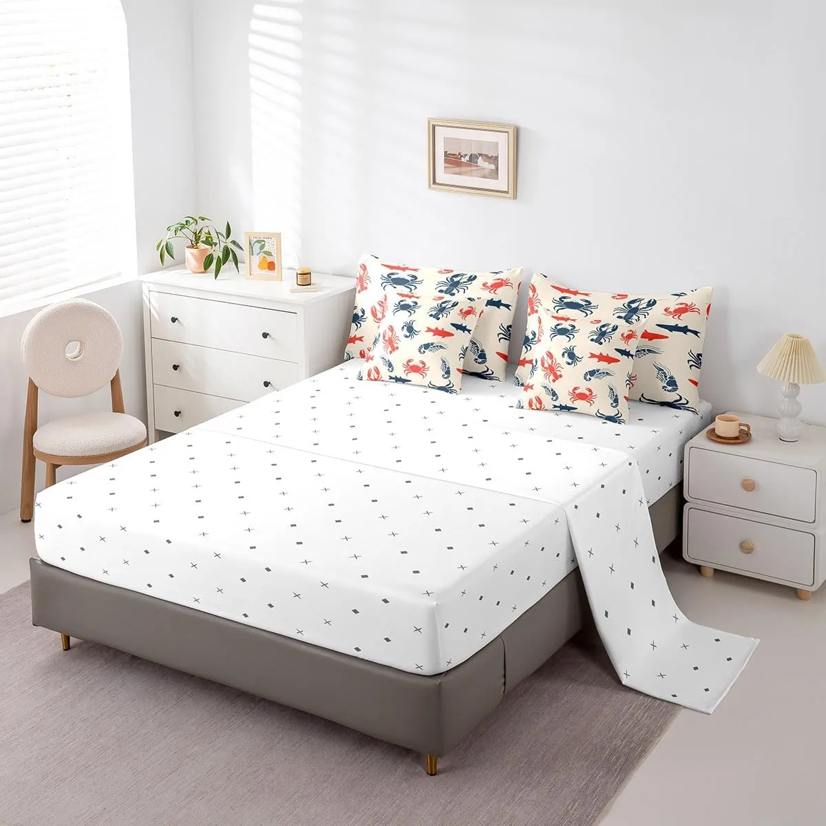 Erosebridal Sea Animal 7 Pcs Comforter Set Twin Crab Lobster Bedding for Teens Boys Shark Fish Prawn Retro Background Sheet Set Bed in A Bag Blue Red Ocean Life Bedroom Decor Duvet Insert