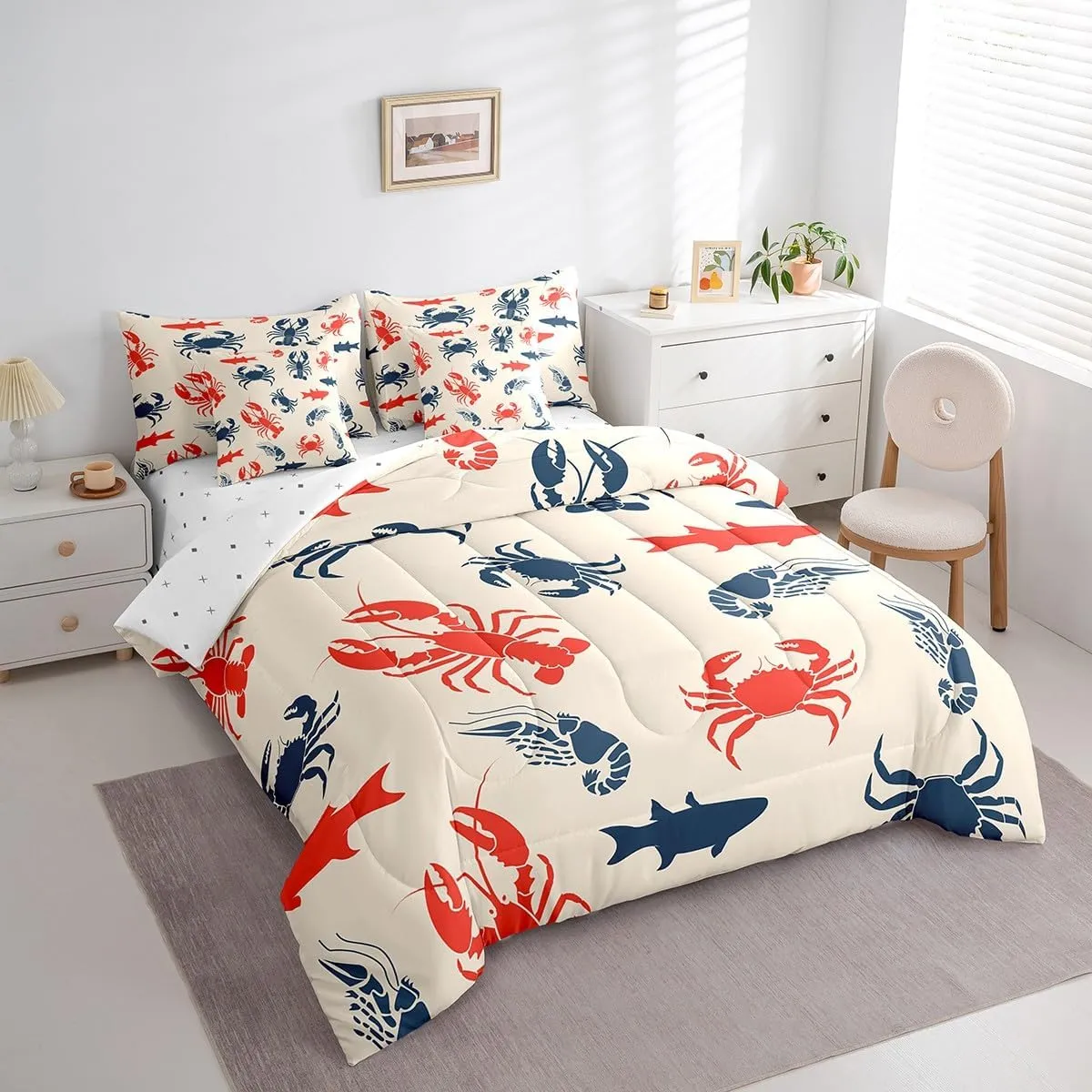 Erosebridal Sea Animal 7 Pcs Comforter Set Twin Crab Lobster Bedding for Teens Boys Shark Fish Prawn Retro Background Sheet Set Bed in A Bag Blue Red Ocean Life Bedroom Decor Duvet Insert