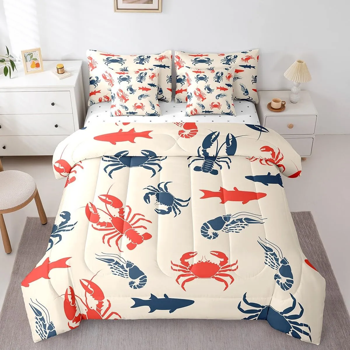 Erosebridal Sea Animal 7 Pcs Comforter Set Twin Crab Lobster Bedding for Teens Boys Shark Fish Prawn Retro Background Sheet Set Bed in A Bag Blue Red Ocean Life Bedroom Decor Duvet Insert
