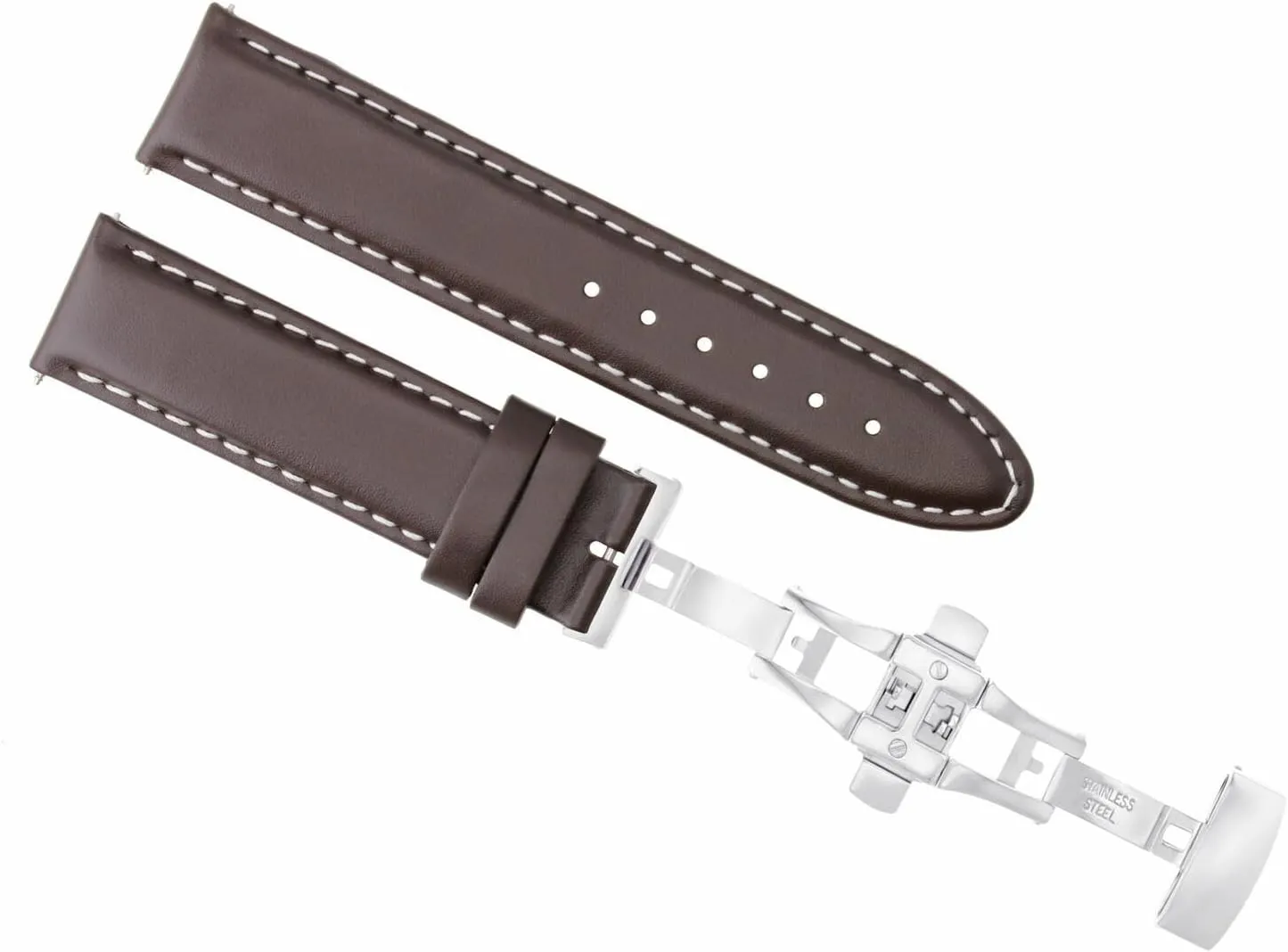 Ewatchparts 18mm Leather Watch Band Strap Smooth Deployment Compatible With Omega Seamaster Dark Brown With White Stitching #2