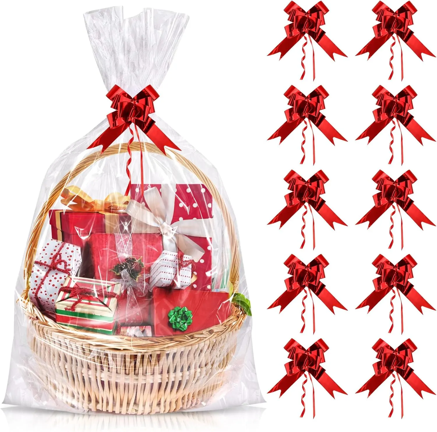 Extra Large Cellophane Bags 30x40 Inches, 20PCS Large Cellophane Wrap for Gift Baskets with 20PCS Red Pull Bows, Clear Cellophane Gift Gags, Plastic Easter Basket Bags for Easter Holiday Gift Wrapping