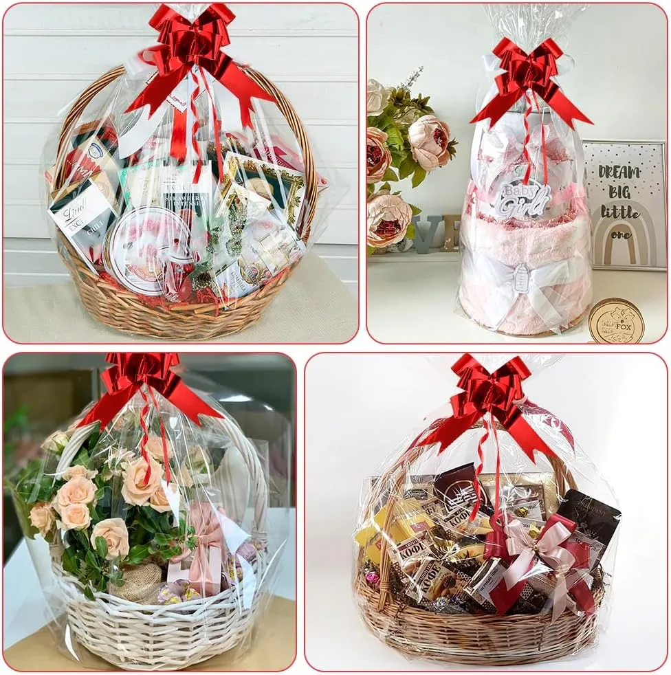 Extra Large Cellophane Bags 30x40 Inches, 20PCS Large Cellophane Wrap for Gift Baskets with 20PCS Red Pull Bows, Clear Cellophane Gift Gags, Plastic Easter Basket Bags for Easter Holiday Gift Wrapping