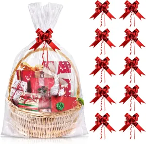 Extra Large Cellophane Bags 30x40 Inches, 20PCS Large Cellophane Wrap for Gift Baskets with 20PCS Red Pull Bows, Clear Cellophane Gift Gags, Plastic Easter Basket Bags for Easter Holiday Gift Wrapping