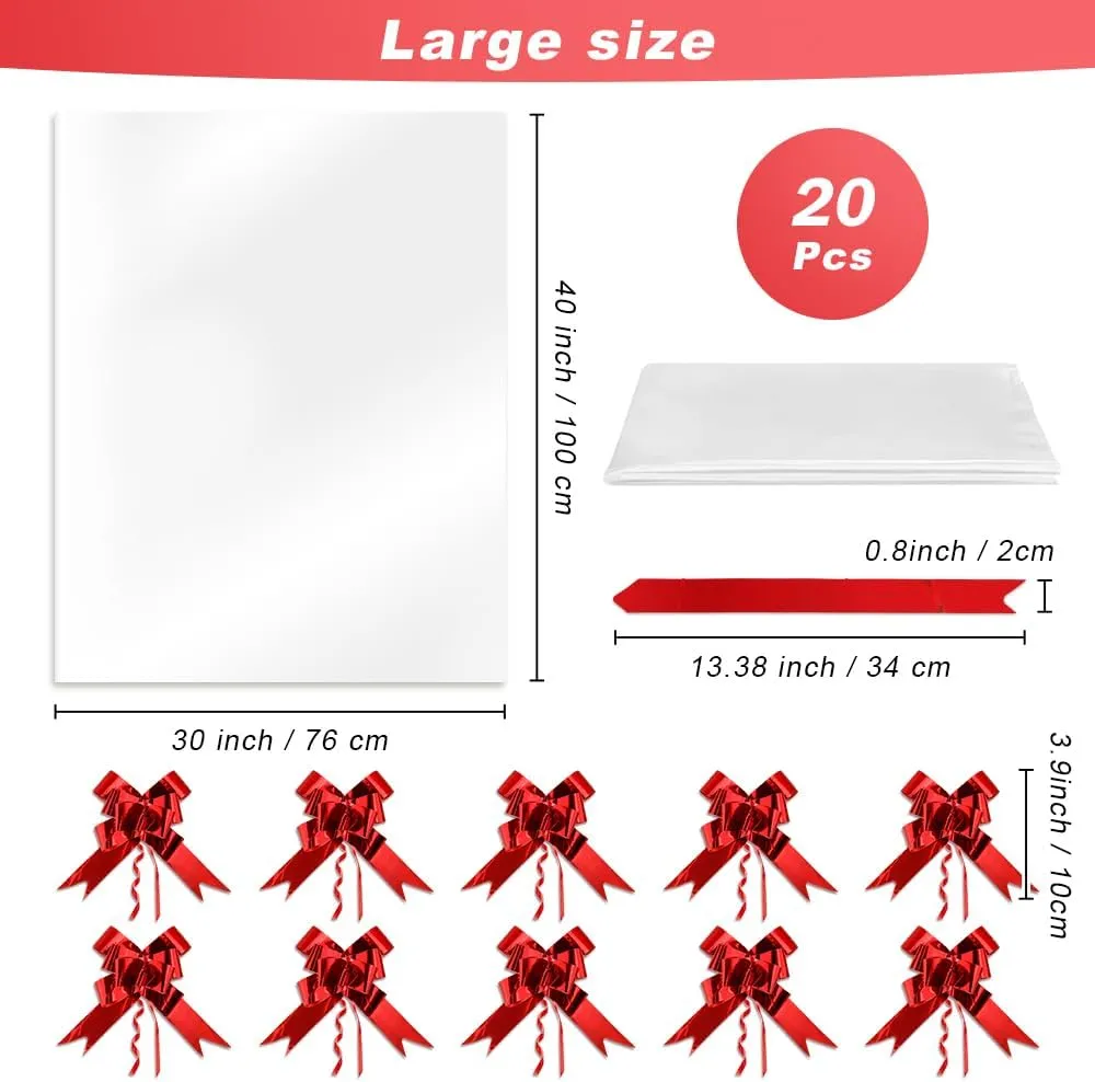 Extra Large Cellophane Bags 30x40 Inches, 20PCS Large Cellophane Wrap for Gift Baskets with 20PCS Red Pull Bows, Clear Cellophane Gift Gags, Plastic Easter Basket Bags for Easter Holiday Gift Wrapping
