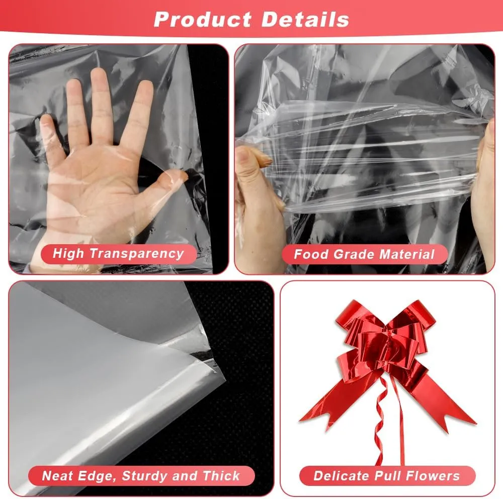 Extra Large Cellophane Bags 30x40 Inches, 20PCS Large Cellophane Wrap for Gift Baskets with 20PCS Red Pull Bows, Clear Cellophane Gift Gags, Plastic Easter Basket Bags for Easter Holiday Gift Wrapping