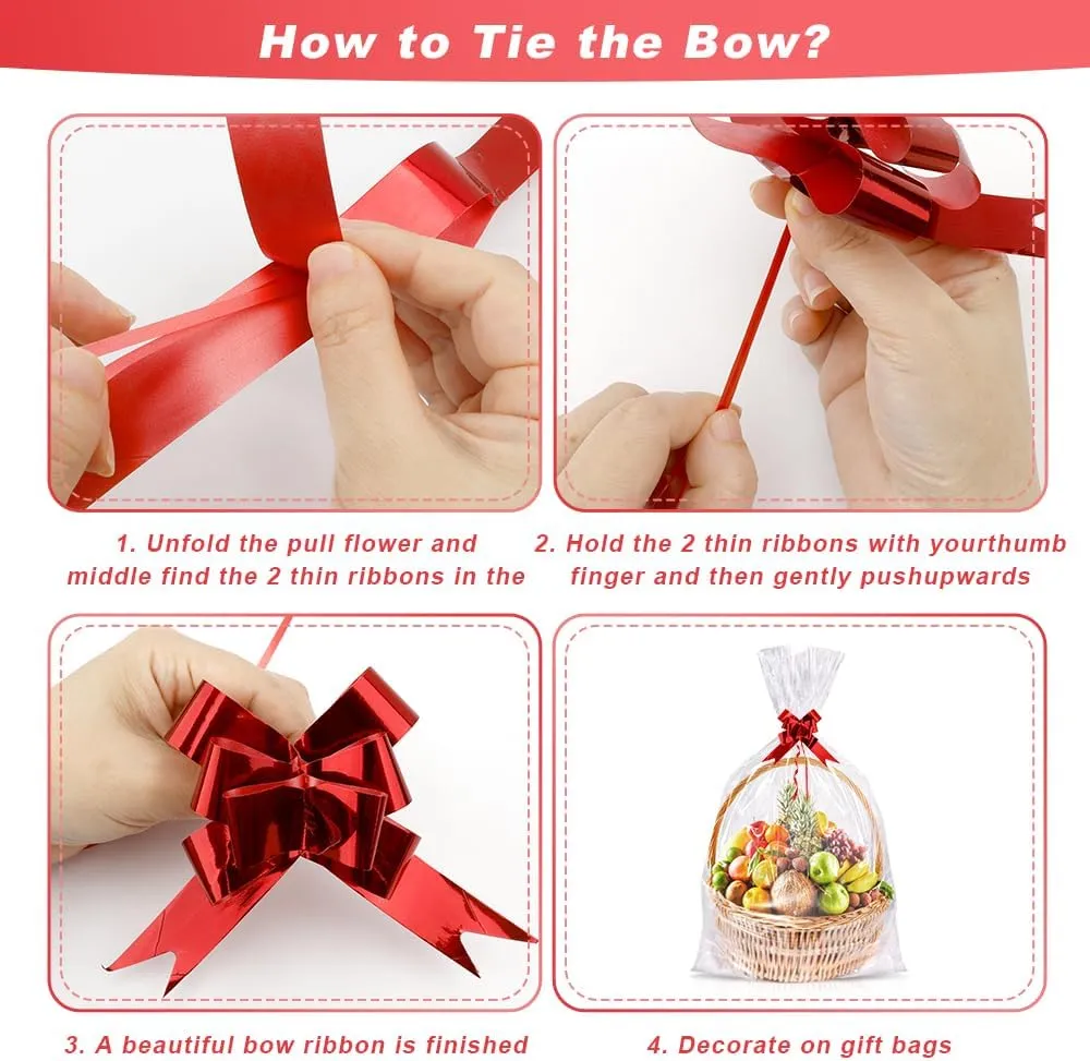 Extra Large Cellophane Bags 30x40 Inches, 20PCS Large Cellophane Wrap for Gift Baskets with 20PCS Red Pull Bows, Clear Cellophane Gift Gags, Plastic Easter Basket Bags for Easter Holiday Gift Wrapping