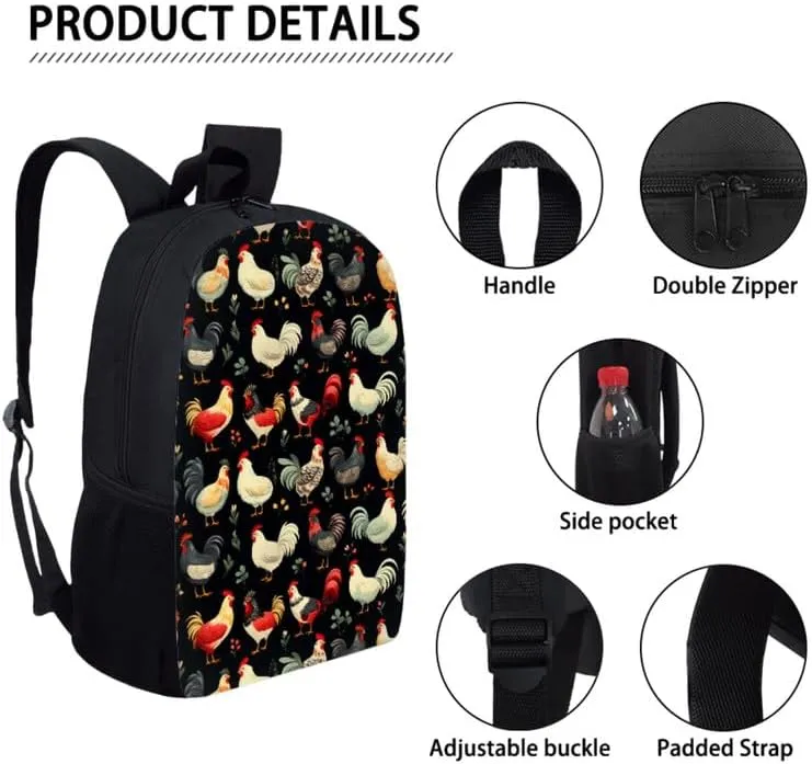 Farm Rooster 17inch School Backpack for Students Oil Painting Roosters 3-in-1 Kids School Bag with Lunch Box Pencil Case Cartoon Hen Chicken Primary Junior Bookbag