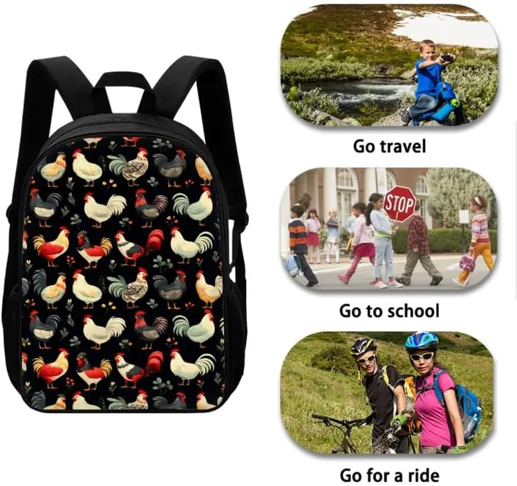 Farm Rooster 17inch School Backpack for Students Oil Painting Roosters 3-in-1 Kids School Bag with Lunch Box Pencil Case Cartoon Hen Chicken Primary Junior Bookbag