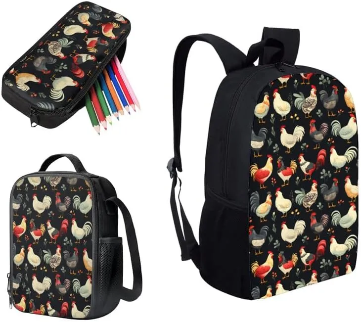 Farm Rooster 17inch School Backpack for Students Oil Painting Roosters 3-in-1 Kids School Bag with Lunch Box Pencil Case Cartoon Hen Chicken Primary Junior Bookbag