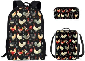 Farm Rooster 17inch School Backpack for Students Oil Painting Roosters 3-in-1 Kids School Bag with Lunch Box Pencil Case Cartoon Hen Chicken Primary Junior Bookbag