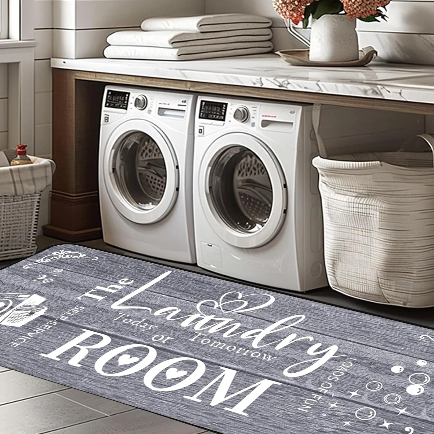 Farmhouse Laundry Room Rug Runner Organization 24"X72" Non Slip Mat Text Design Rug Machine Washable and Large Bathroom Rugs Stylish Versatile Laundry Room Rugs Decor