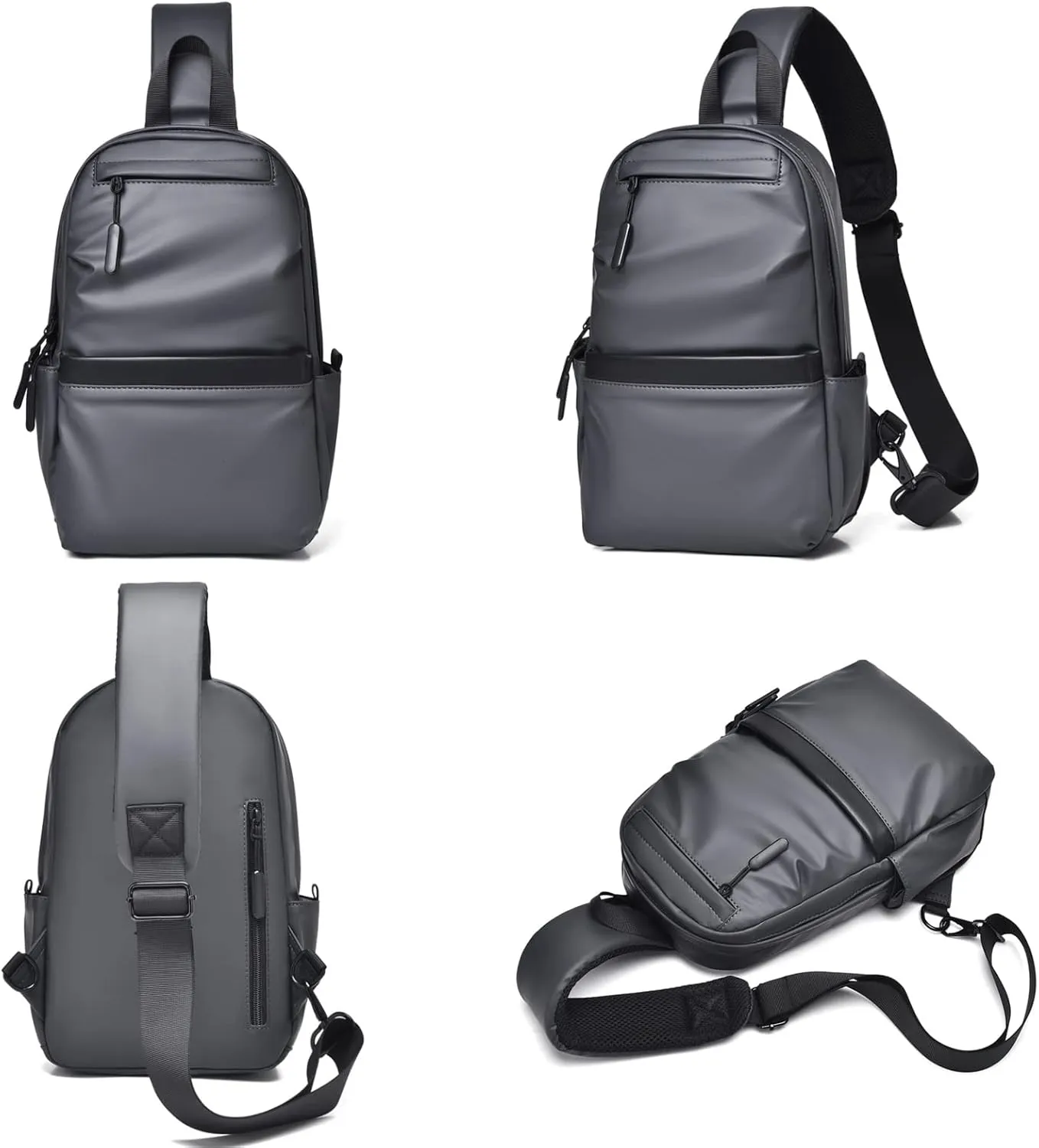 Faux Leather Sling Bag for Men and Women,Chest Bag Shoulder Backpack Waterproof Crossbody Backpack Traveling Hiking Daypack(Grey)
