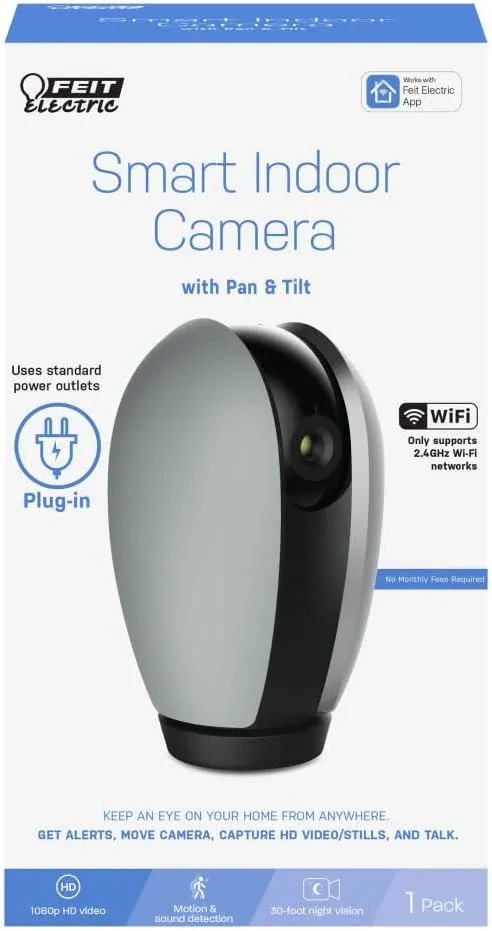 Feit Electric Indoor Security Camera with Motion Detection, 30ft. Night Vision, Pan and Tilt Head, 2.4GHz WiFi, 2-Way Audio, 1080p HD, Works with Alexa & Google Asst, Plug-in, Black - CAM/PAN/WiFi