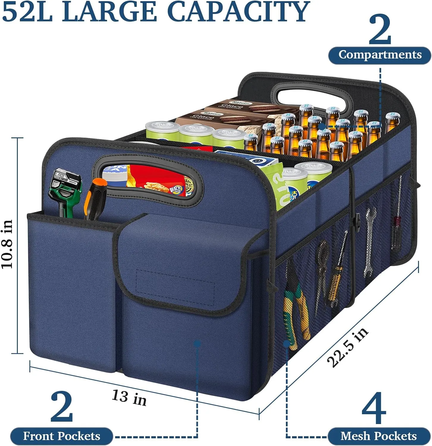 Femuar Car Trunk Organizer, Collapsible, Waterproof, Non-Slip, Blue, 52L, 5 Compartments, Rectangular, Portable, Practical/Functional
